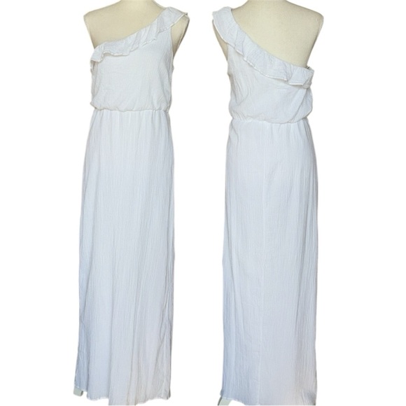 Jodi Kristopher White One-Shoulder Ruffle Column Maxi Dress Crinkle Cotton - Picture 10 of 11